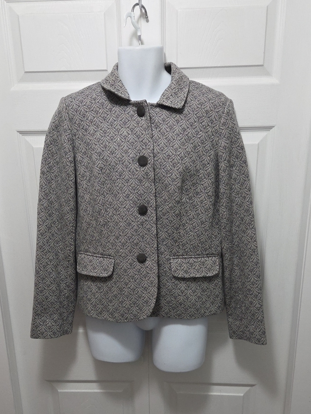 Talbots Size 12 Grey Geometric Pattern Button-Front Blazer